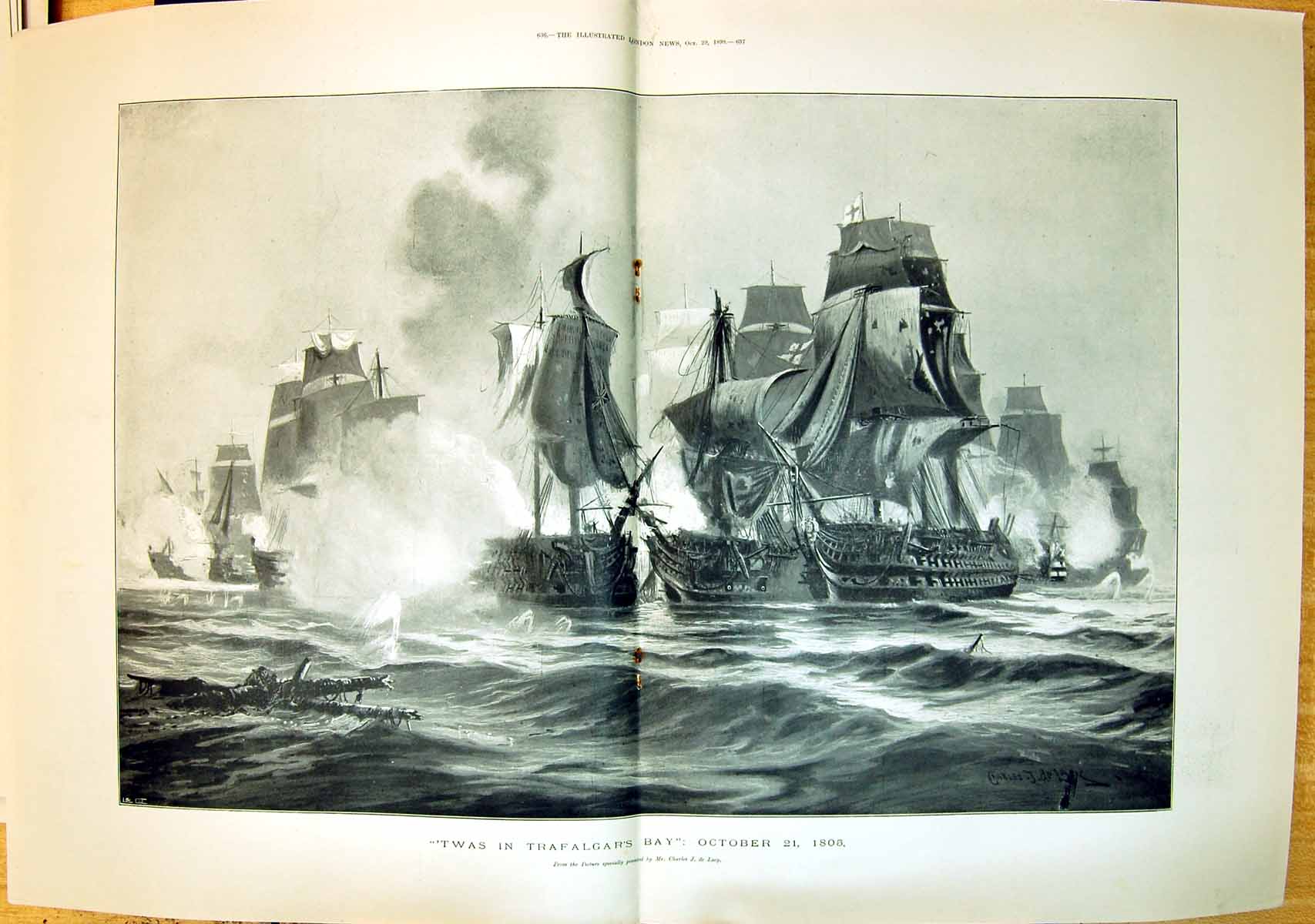 Original Old Antique Print 1898 Trafalgar War Ships Battle Charles Lacy 19th