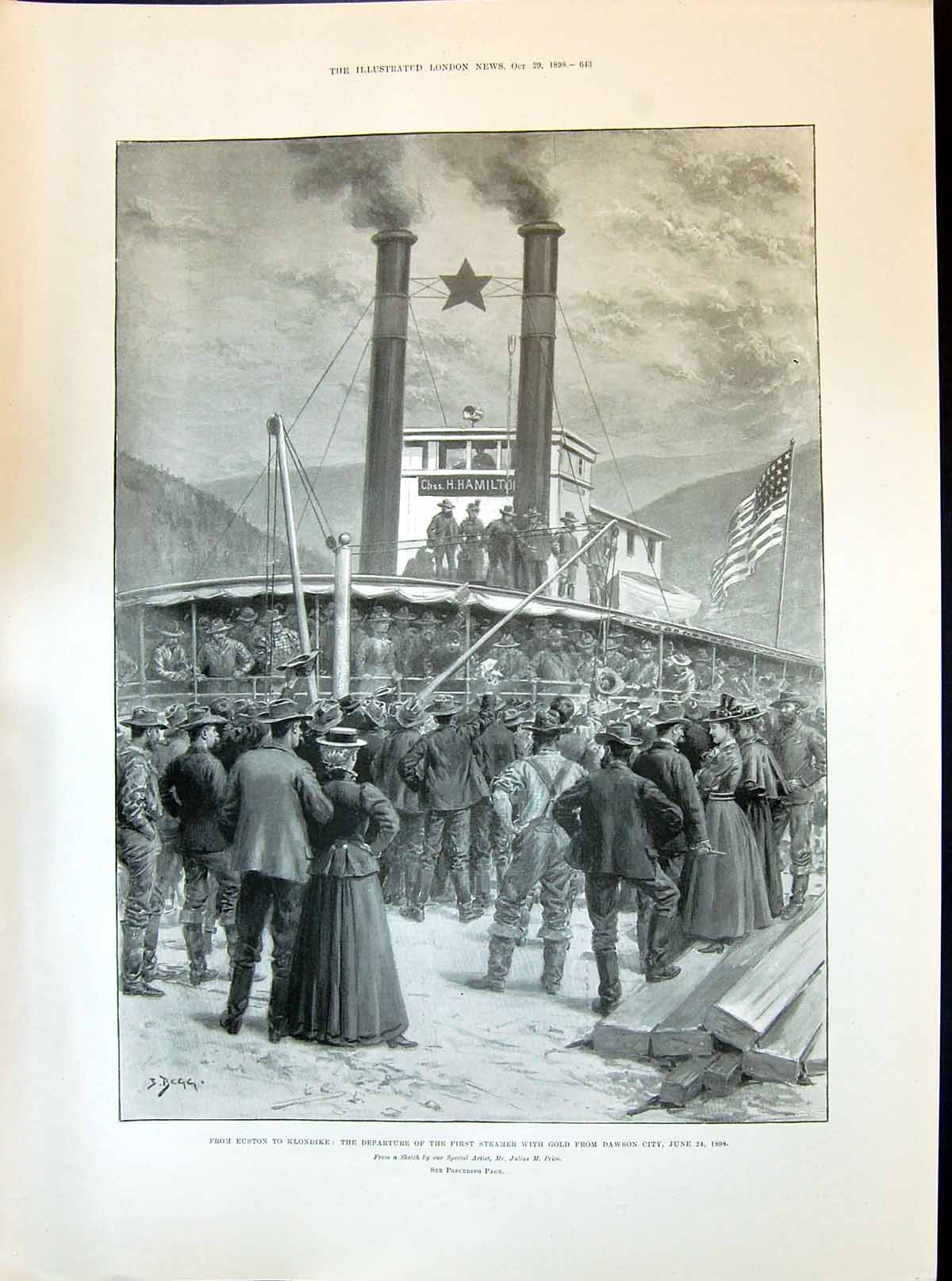 Antique Print 1898 Departure Steamer Ship GDawson City Ladies Fashion Eveni