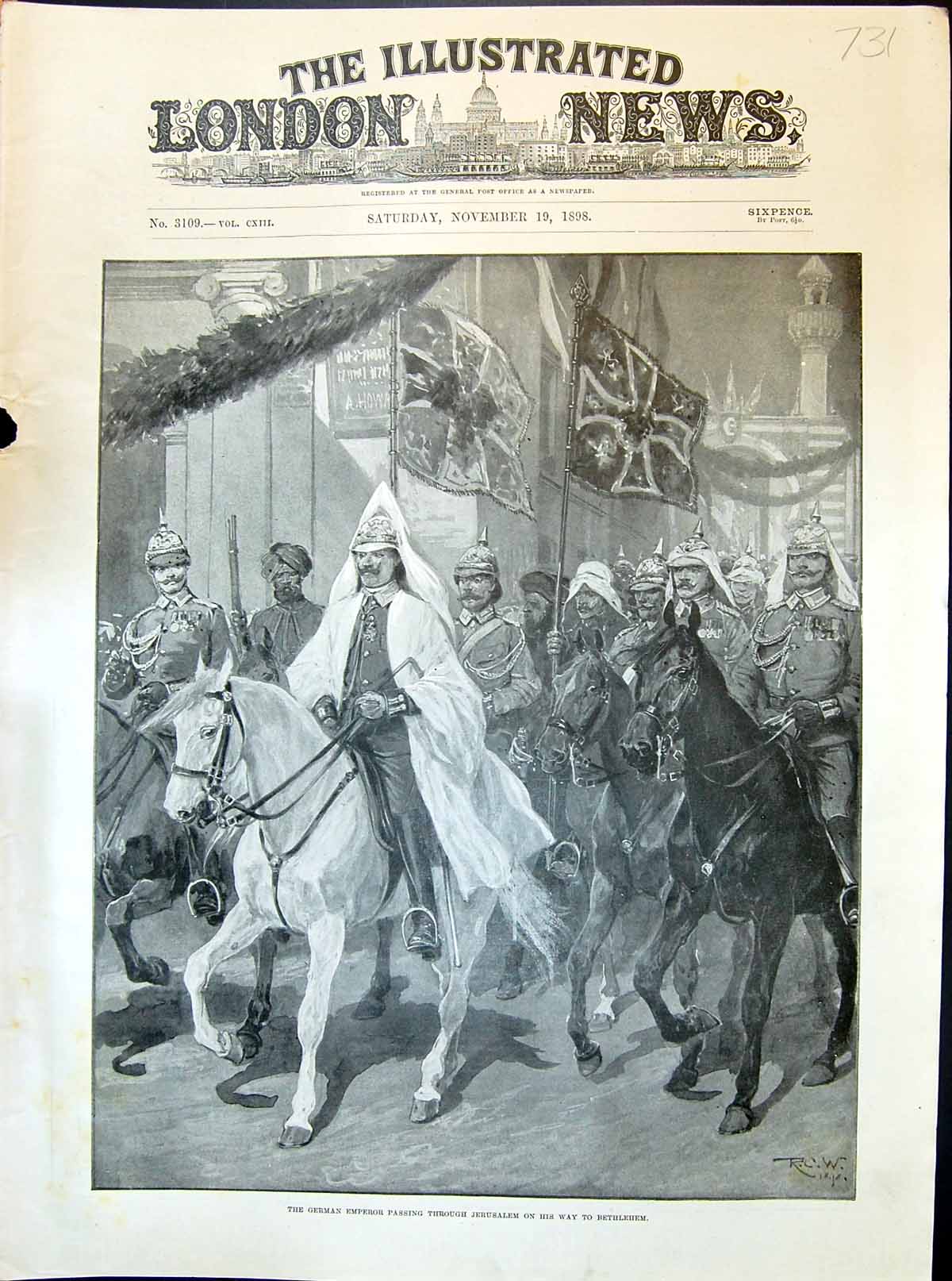 Old Print 1898 Procession Horses German Emperor Passing Through Jerusalem 19th