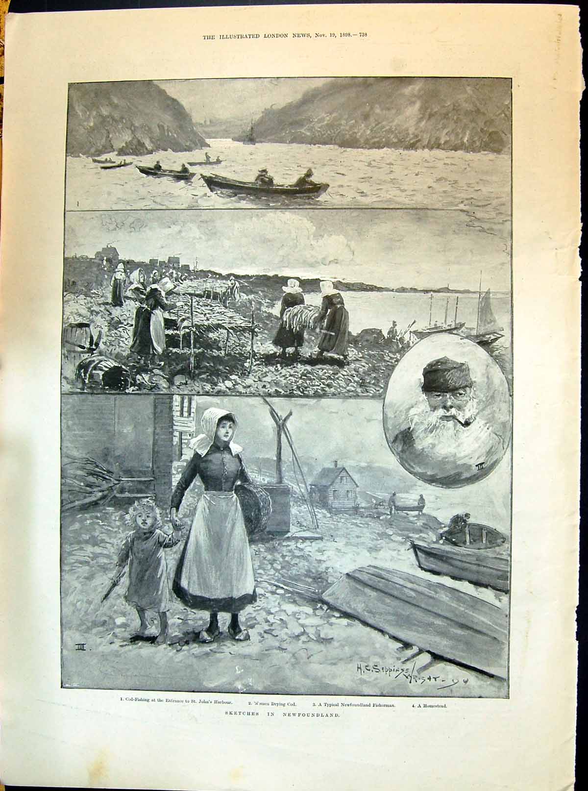 Old 1898 Newfoundland Cod Fishing Fisherman John'S Harbour Butler Wil Victorian