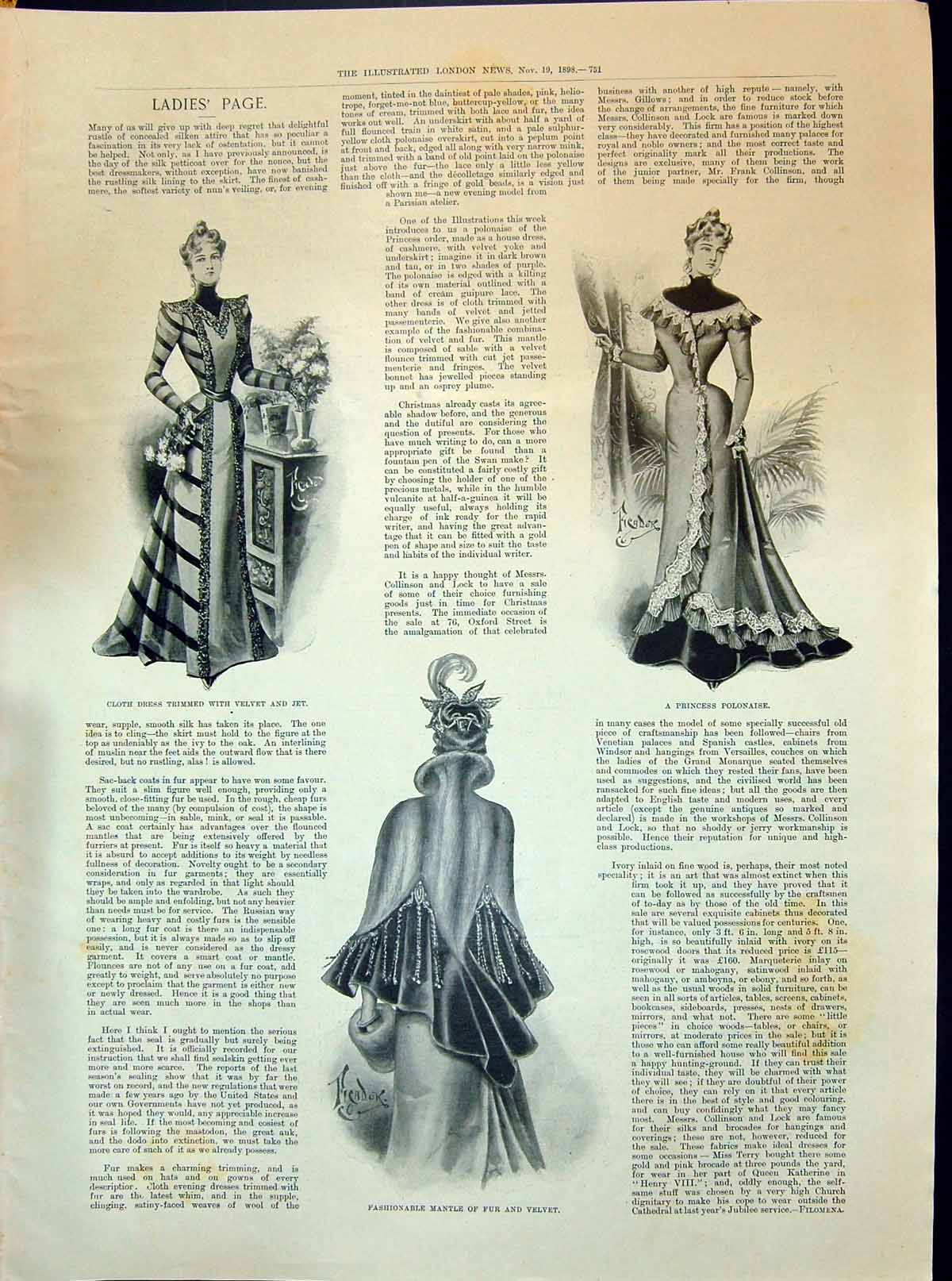 Old 1898 Ladies Fashion Cloth Dress Velvet Fashionable Mantle Fur Vel Victorian