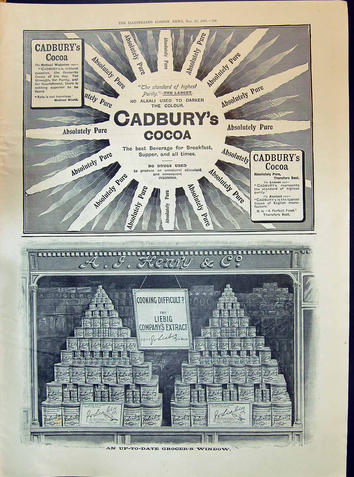 Old Print 1898 Cadburys Cocoa Henry Liebig Humber Cycles Tibbles Vi-Cocoa 19th