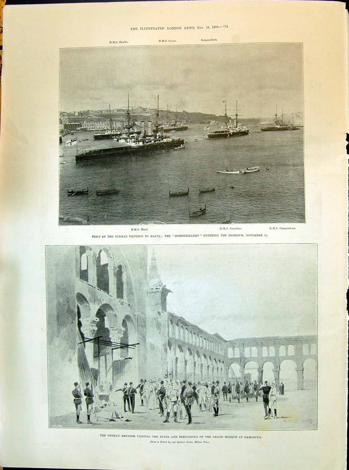Old 1898 German Emperor Malta Ships Hood Ramillies Camperdown Damascu Victorian
