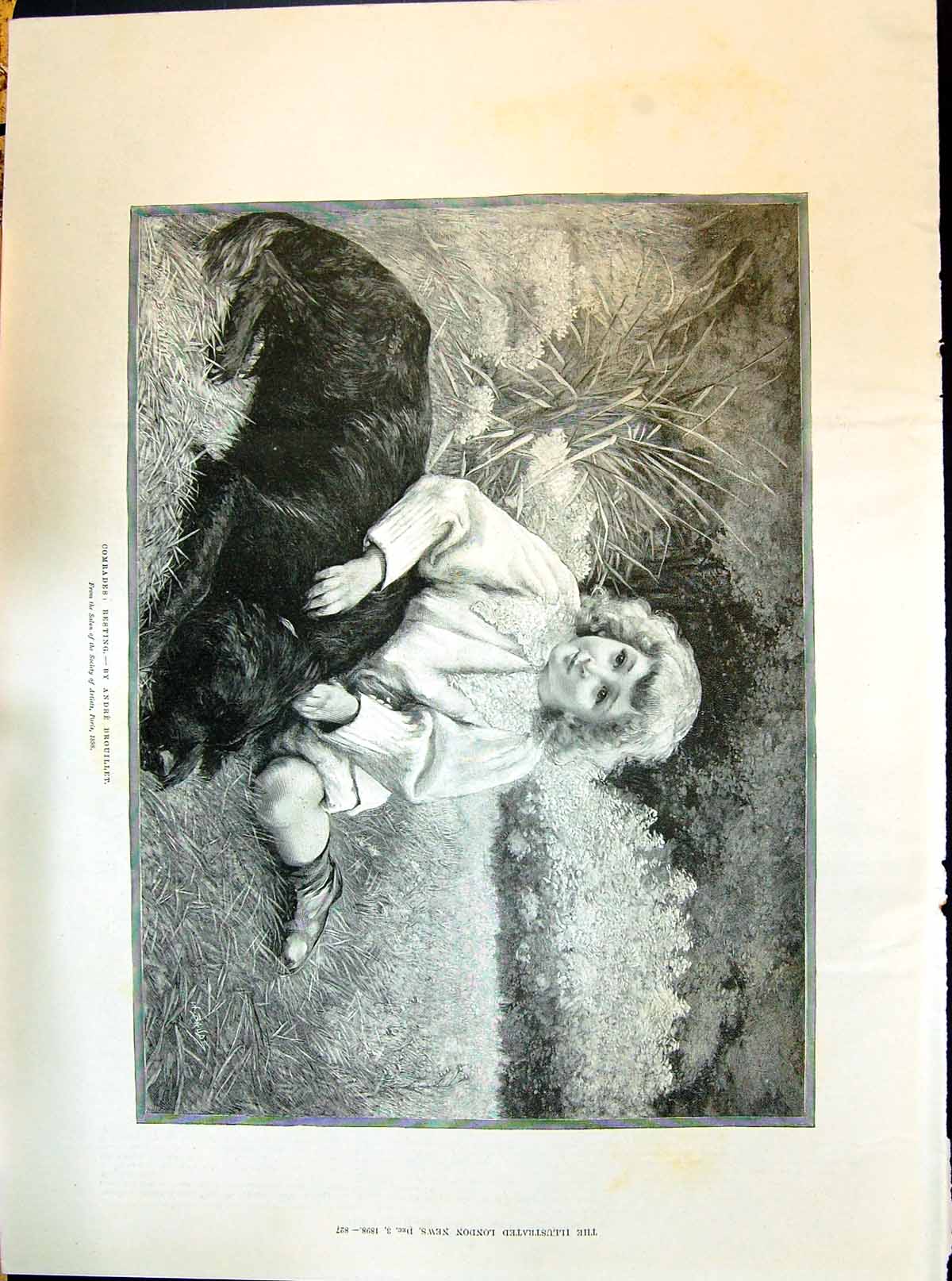 Old 1898 Comrades Resting Brouillet Little Girl Pet Dog British Offic Victorian