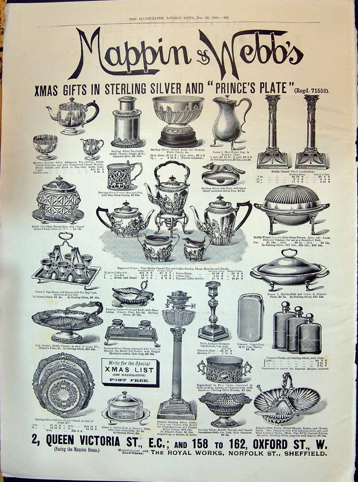 Old Print 1898 Mappin Webb Christmas Gifts Sterling Silver Prince'S Plate 19th