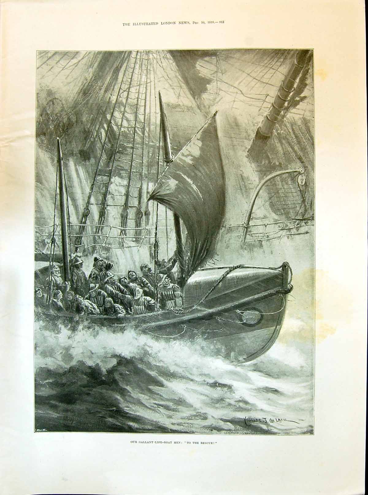 Antique Print 1898 Gallant Life-Boat Men Ship Rescue Scene River Boat Ferry