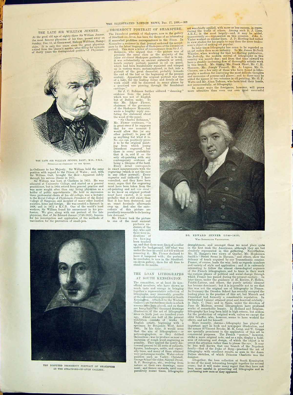 Old 1898 William Jenner Physician Edward Vaccination Droeshout Shaksp Victorian