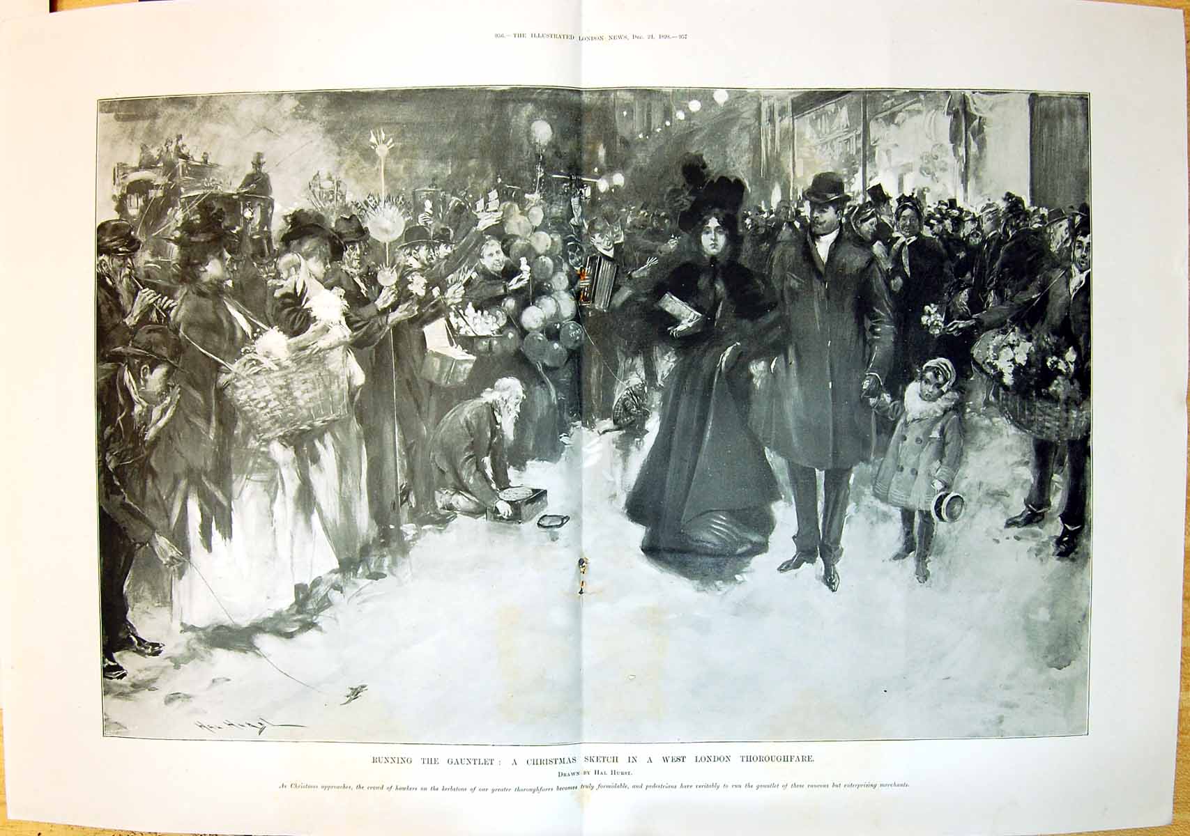 Old 1898 Running Gauntlet Christmas Scene London Thoroughfare Hal Hur 19th