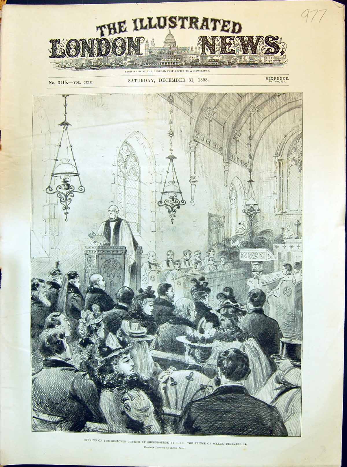 Old Antique Print 1898 Opening Restored Church Shernbourne Prince Wales 19th