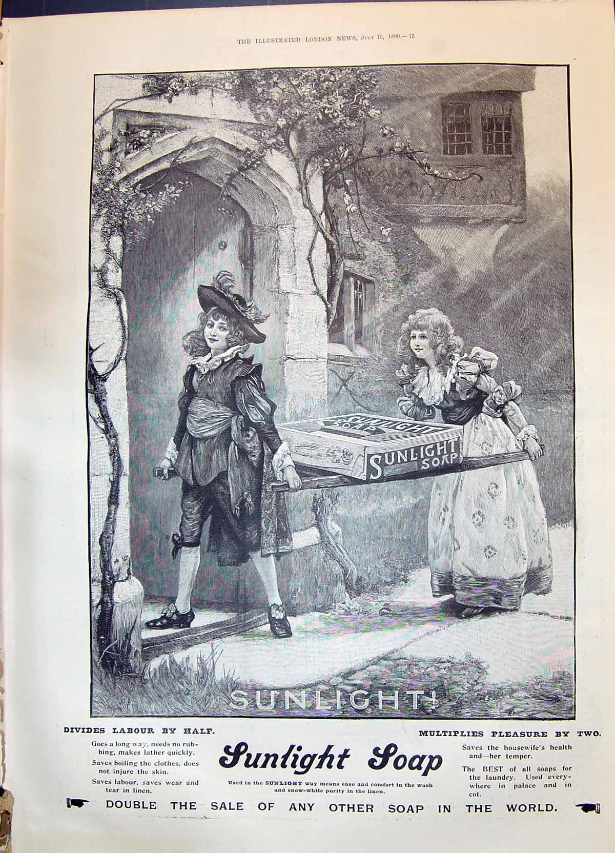 Old Antique Print 1899 Advertisement Sunlight Soap Children Carrying Box 19th