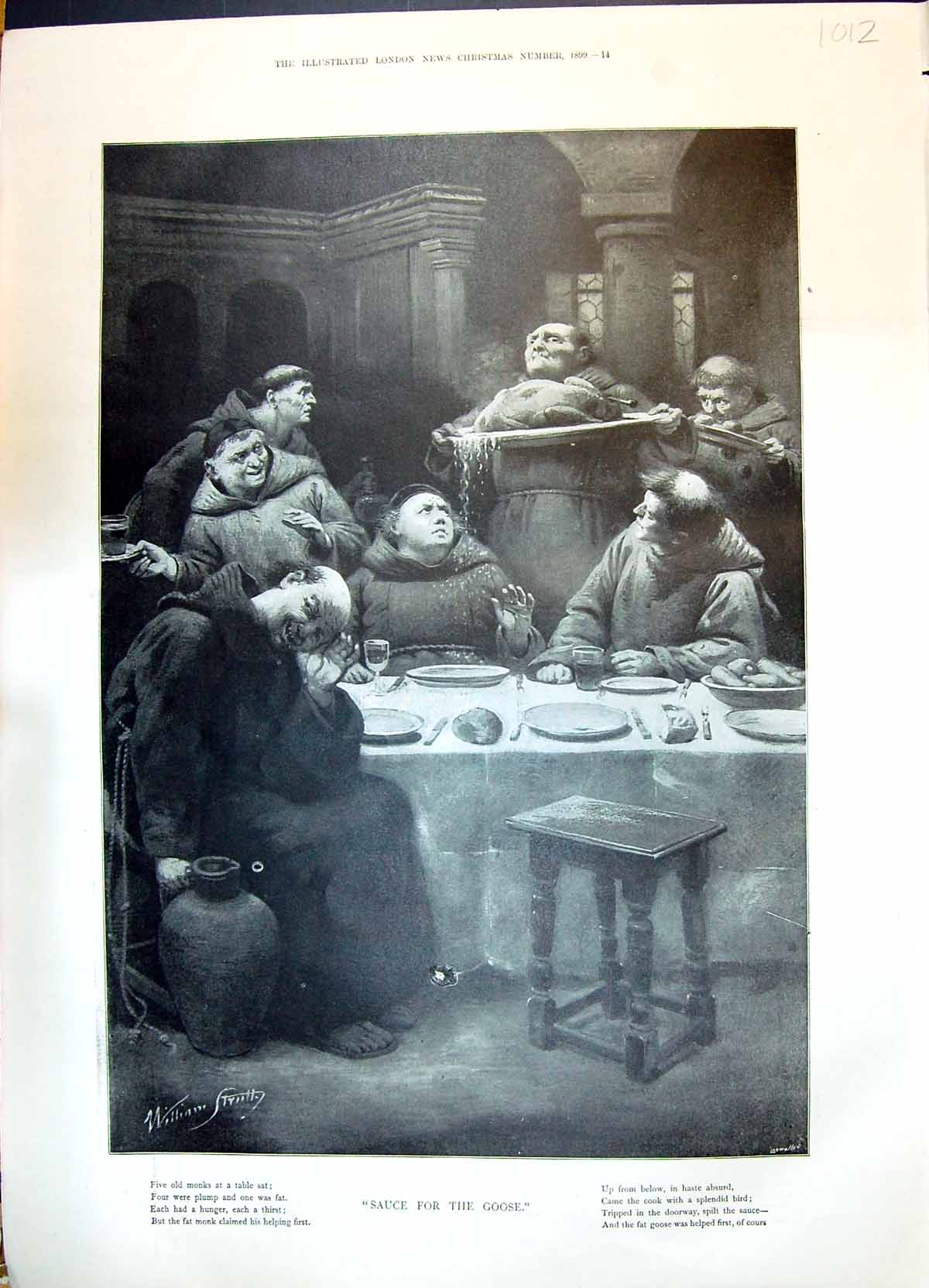 Old Print 1899 Monks Sauce Goose Dinner Table Romance Dancing Ray Potter 19th