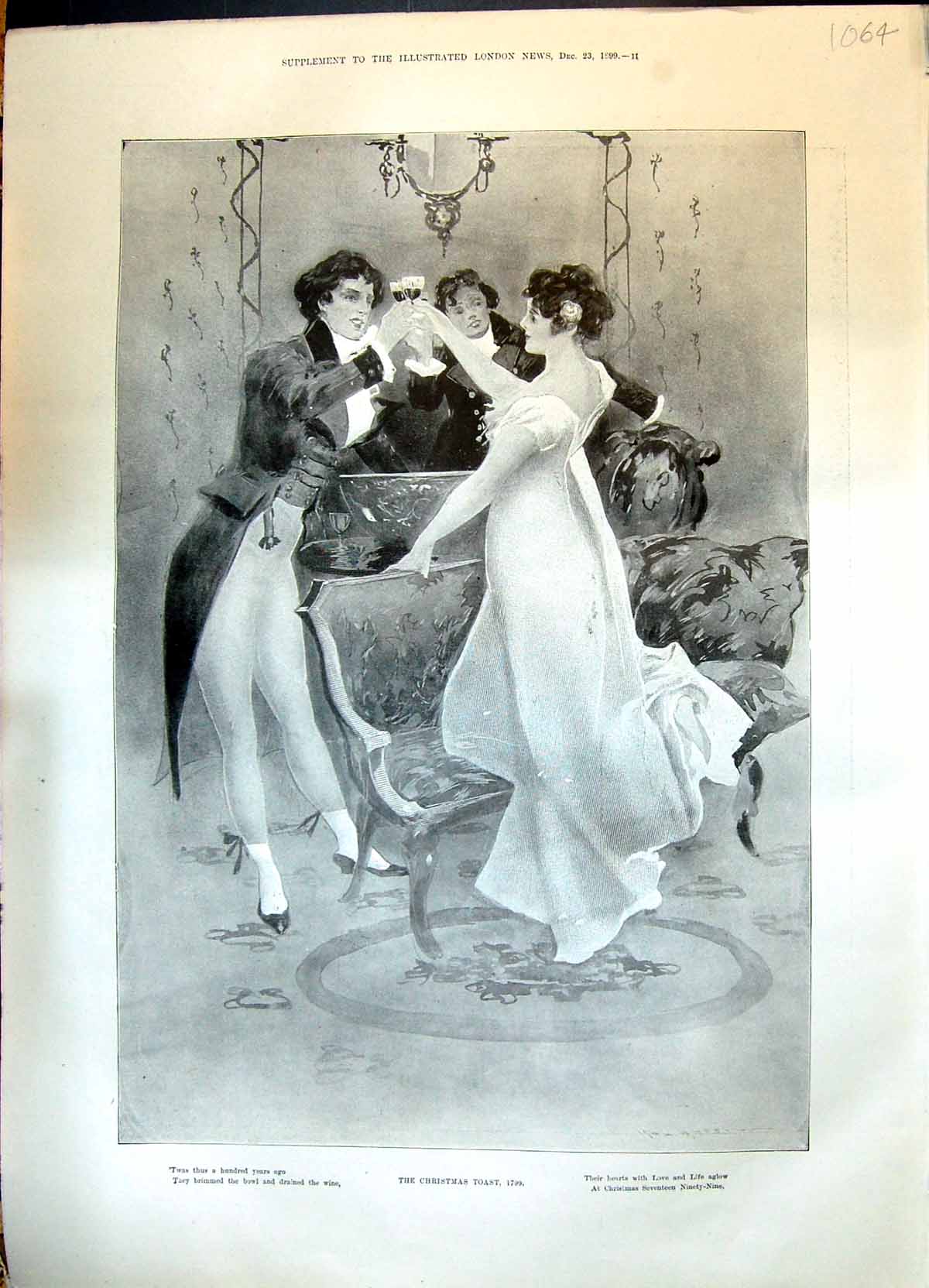 Antique Print 1899 Christmas Toast Celbration Romance Beautiful Lady Holly