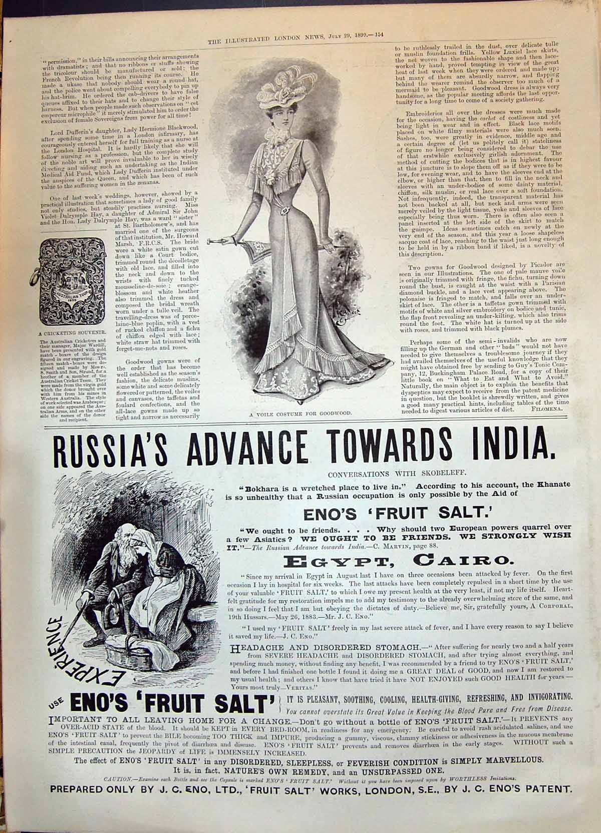 Antique Old Print 1899 Ladies Fashion Voile Costume Goodwood Eno'S Fruit Salt