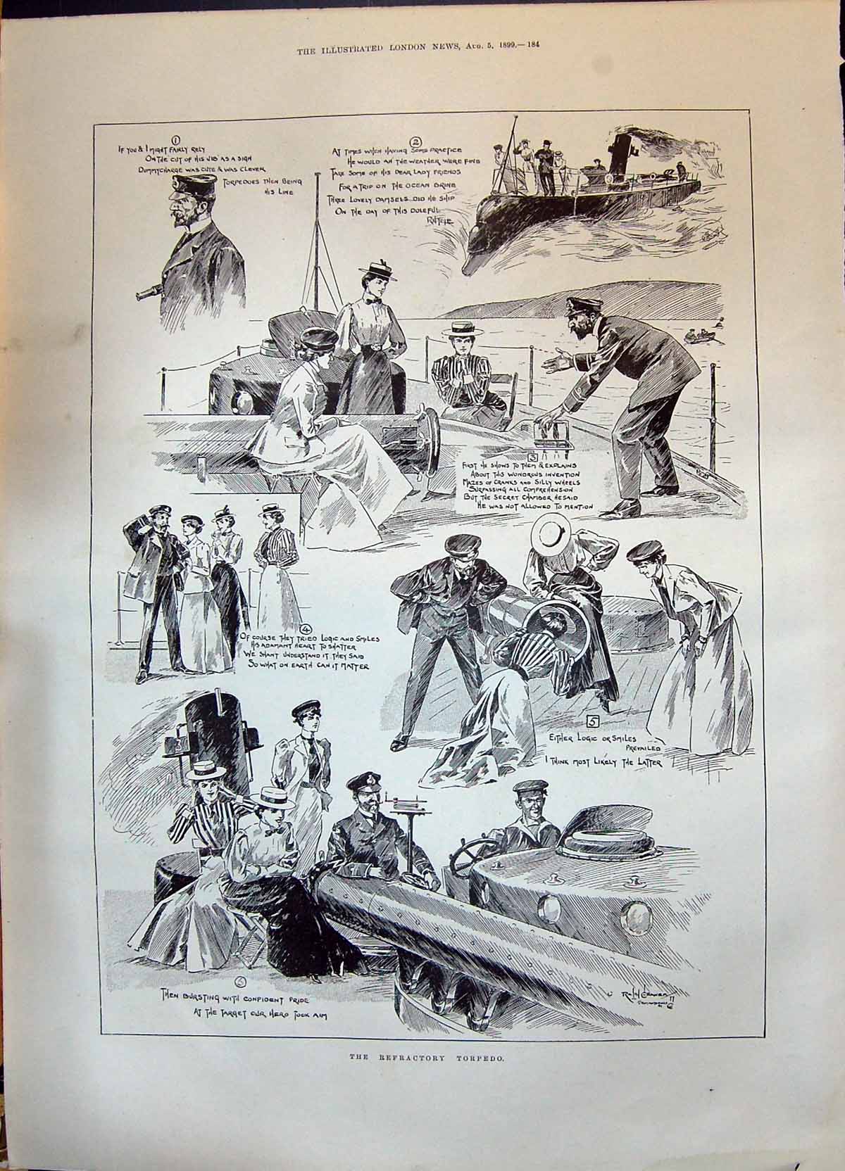 Original Old Antique Print 1899 Refractory Torpedo Navy Sailors Dingy Men War