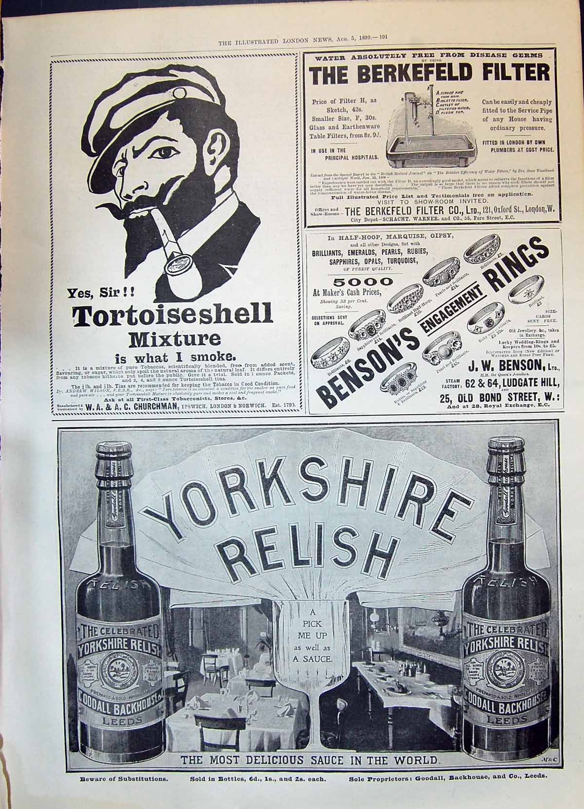 Antique Old Print 1899 Yorkshire Relish Bensons Rings Tobacco Tortoiseshell
