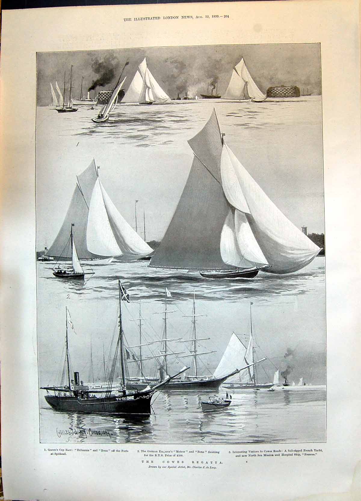 Old 1899 Cowes Regatta Britannia Bona Meteor Frances Ships Walden Dem Victorian