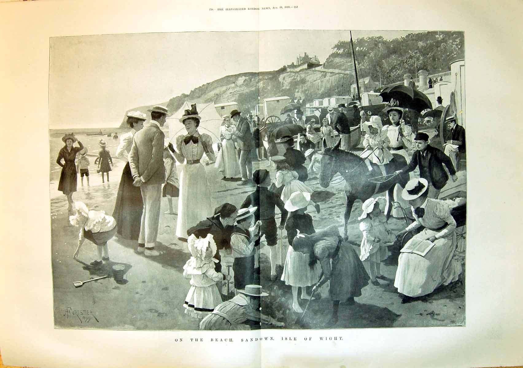 Old Print 1899 Scene Beach Isle Wight Families Donkey Forestier Fine Art 19th
