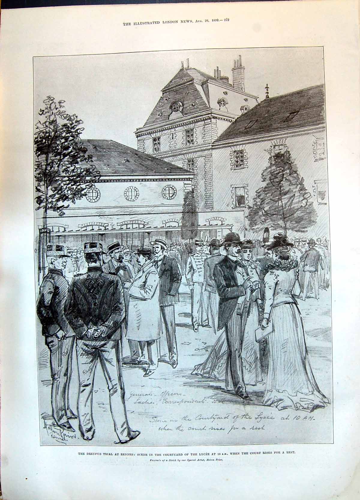 Antique Print 1899 Dreyfus Trial Rennes Courtyard Scene Lycee Melton Prior 19th