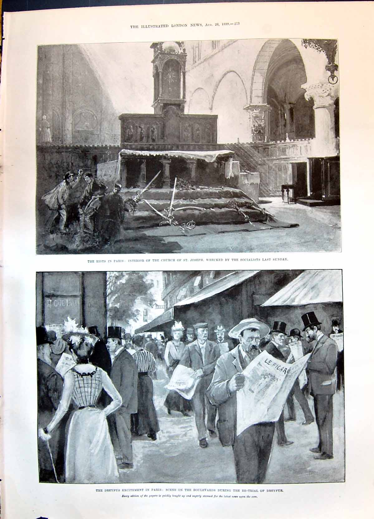 Old 1899 Riots Paris Church Joseph Dreyfus Court Trial Paris Picquart Victorian