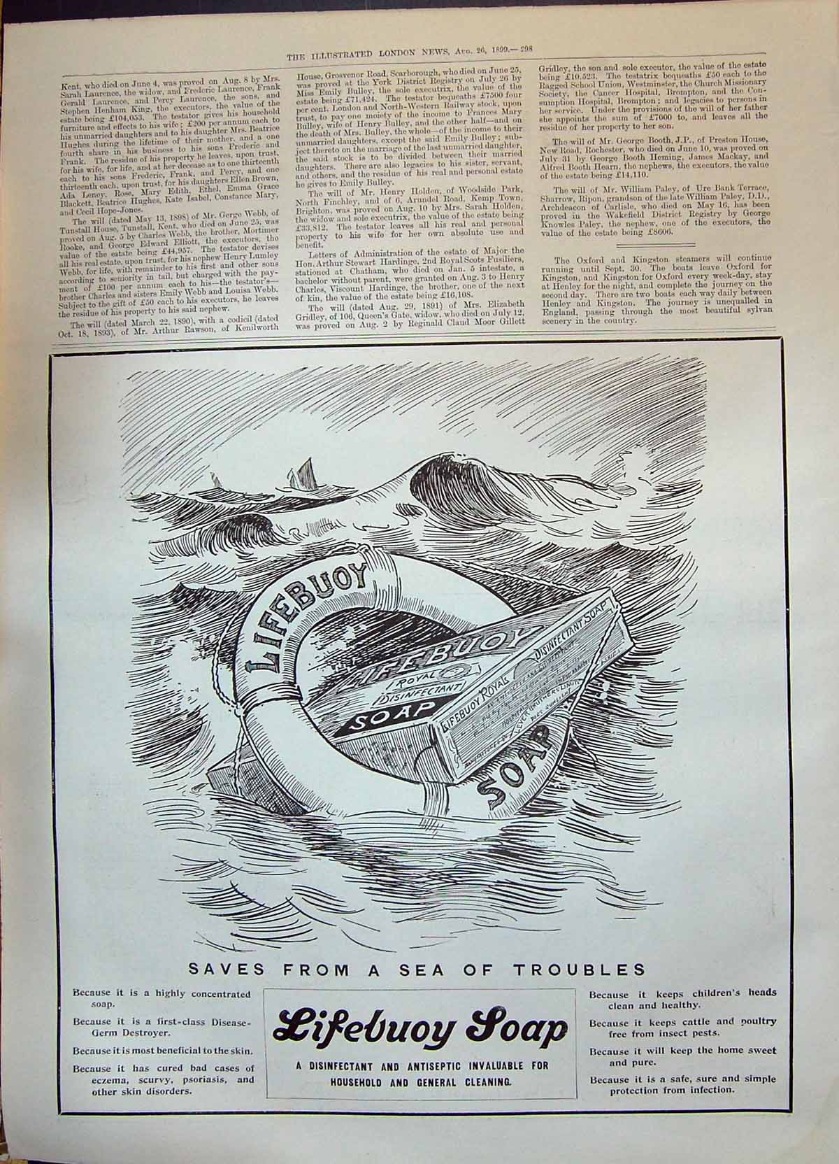Original Old Antique Print 1899 Advertisement Lifebuoy Soap Royal Disinfectant