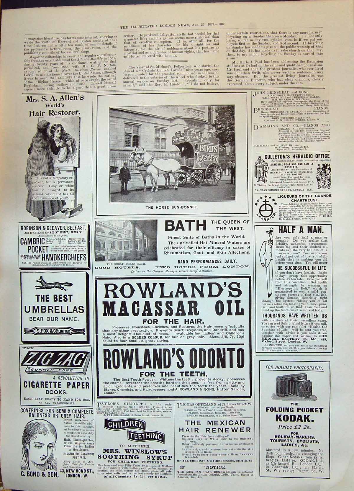 Old 1899 Horse Sun-Bonnet Bath Rowlands Oil Bond Kodak Fox Umbrellas Victorian