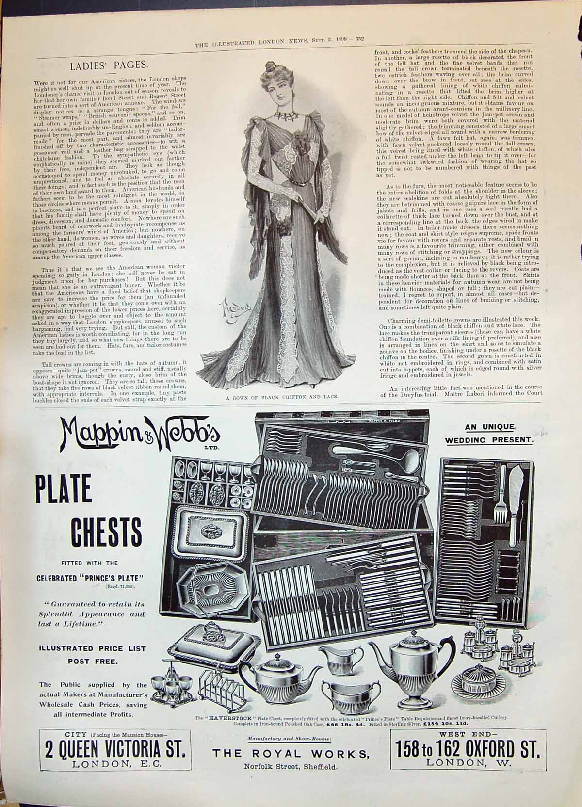 Antique Old Print 1899 Ladies Fashion Black Chiffon Lace Dress Mappin Webb 19th