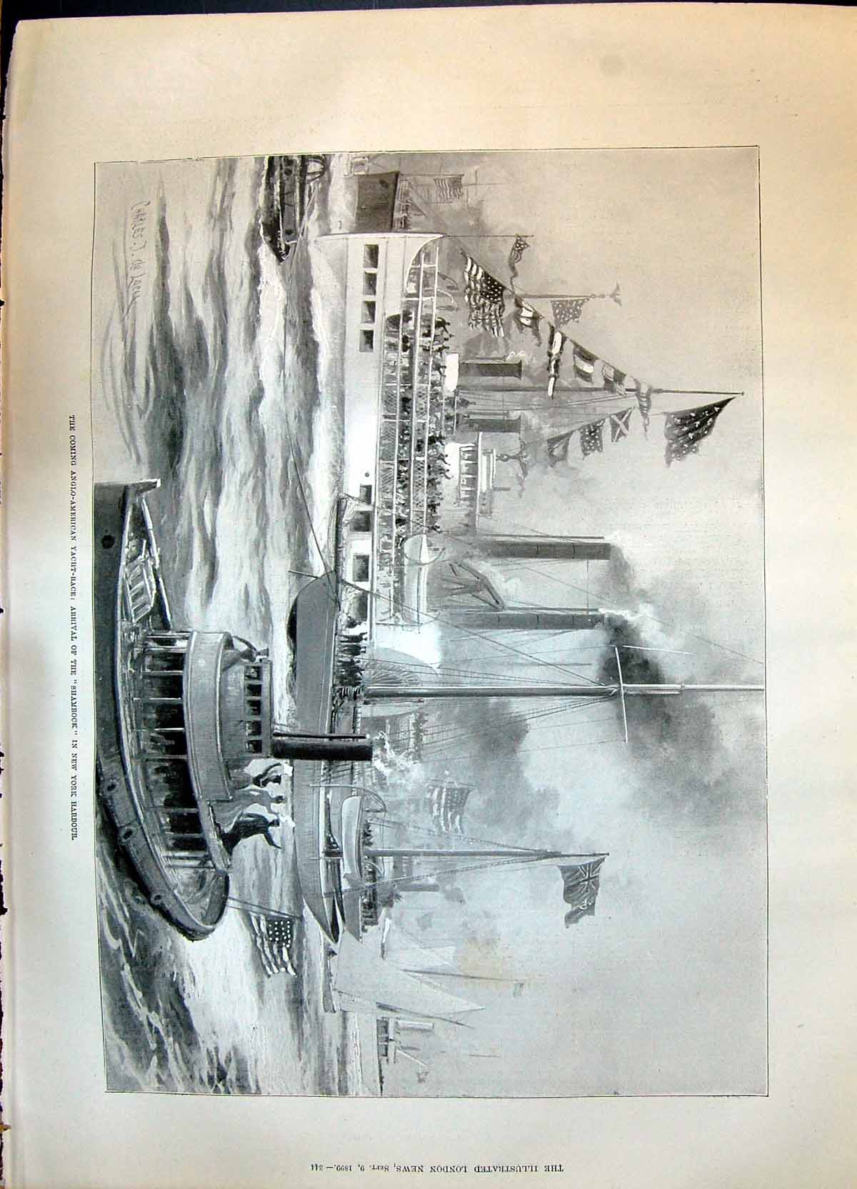 Old 1899 Anglo-American Yacht Race Scene Arrival Shamrock New York Ha Victorian