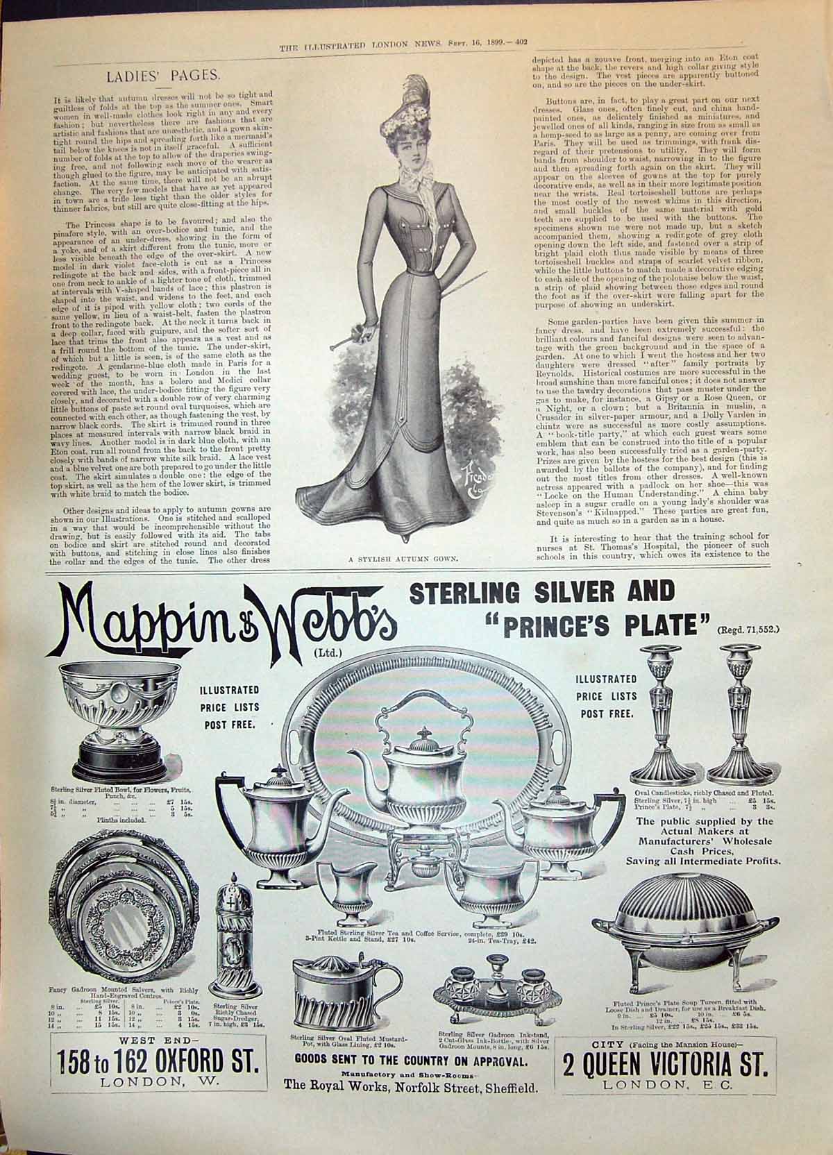 Antique Old Print 1899 Ladies Fashion Stylish Autumn Gown Mappin Webb London