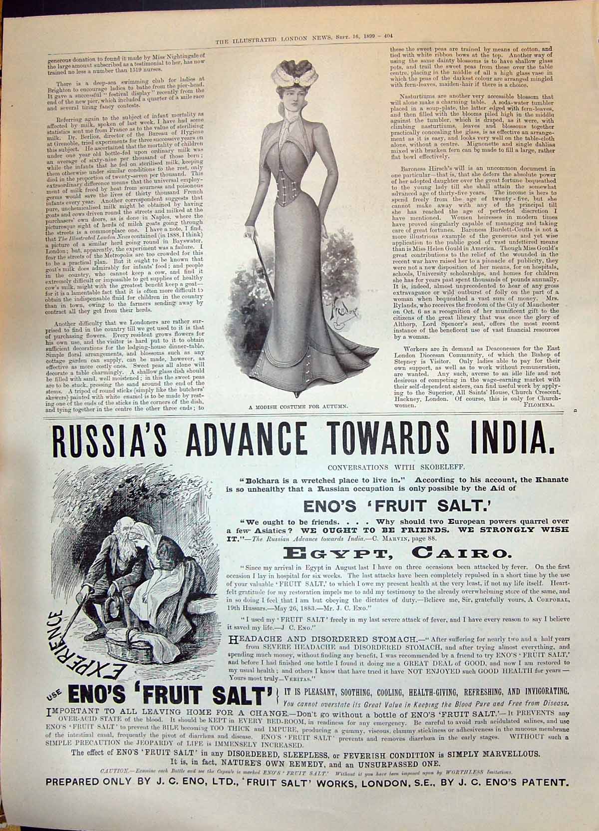 Antique Old Print 1899 Ladies Fashion Modish Costume Autumn Eno'S Fruit Salt