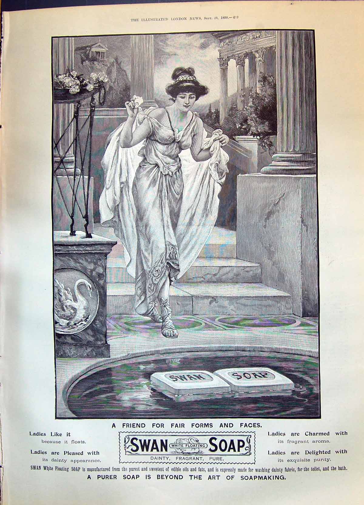 Antique Old Print 1899 Advertisement Swan White-Floating Soap Lady Bathing 19th
