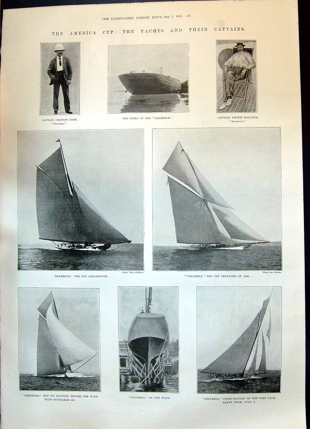 Old 1899 America Cup Yachts Barr Shamrock Defender Columbia Hogarth N Victorian