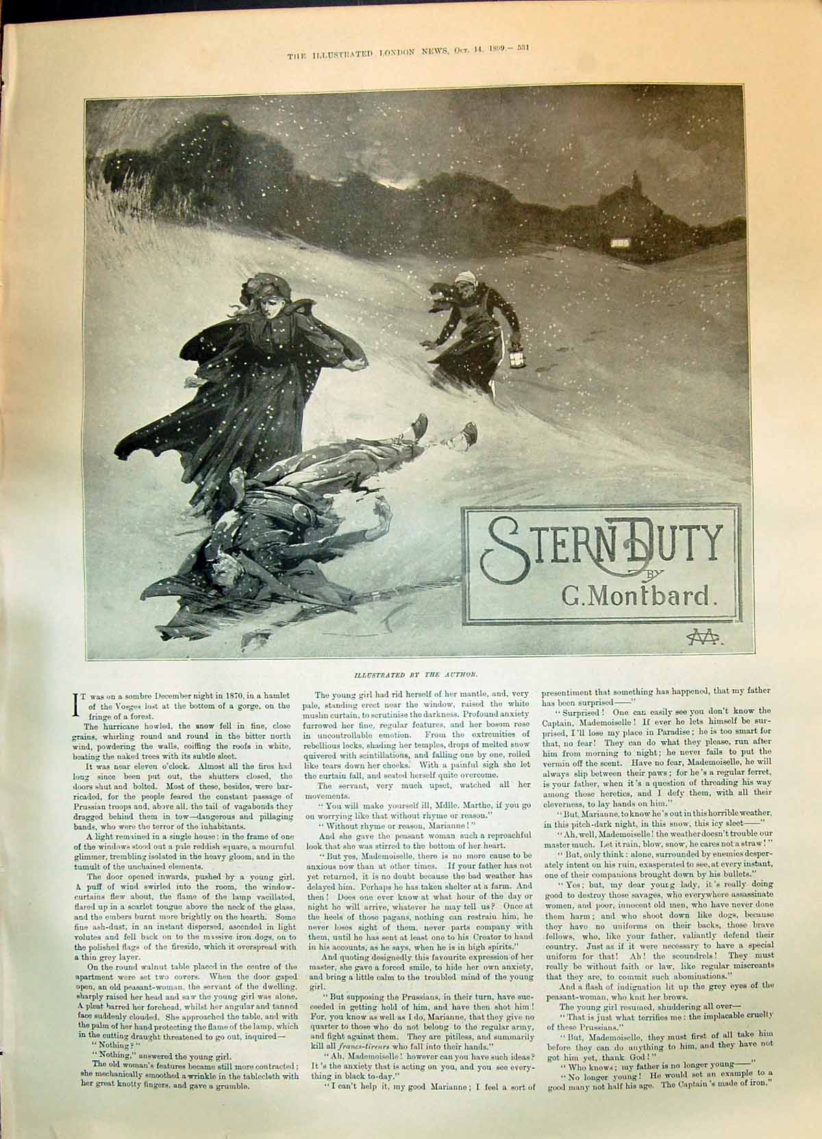 Old Print 1899 Story Illustration Stern Duty Montbard Snowstorm War Sier 19th