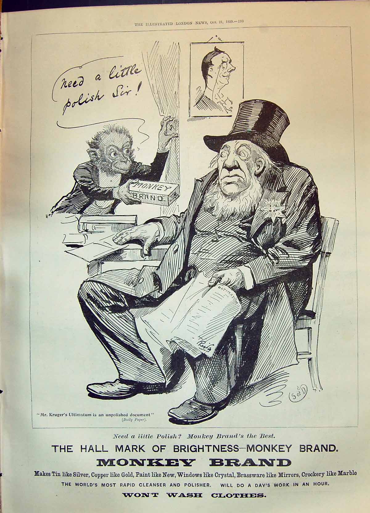 Old Antique Print 1899 Advertisement Monkey Brand Soap Man Polish Kruger 19th