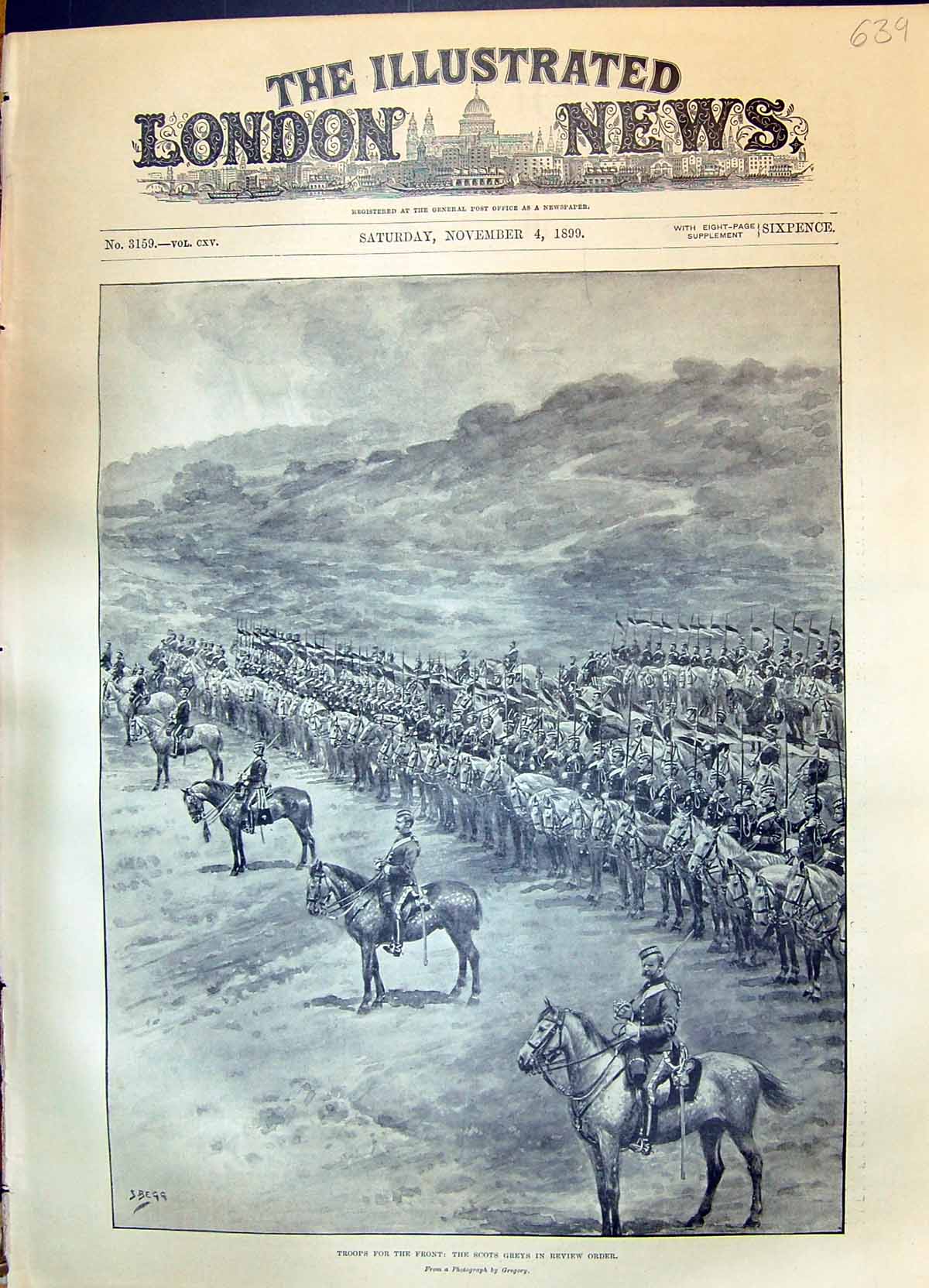 Original Old Antique Print 1899 War Siers Scots Greys Horses Review Order 19th