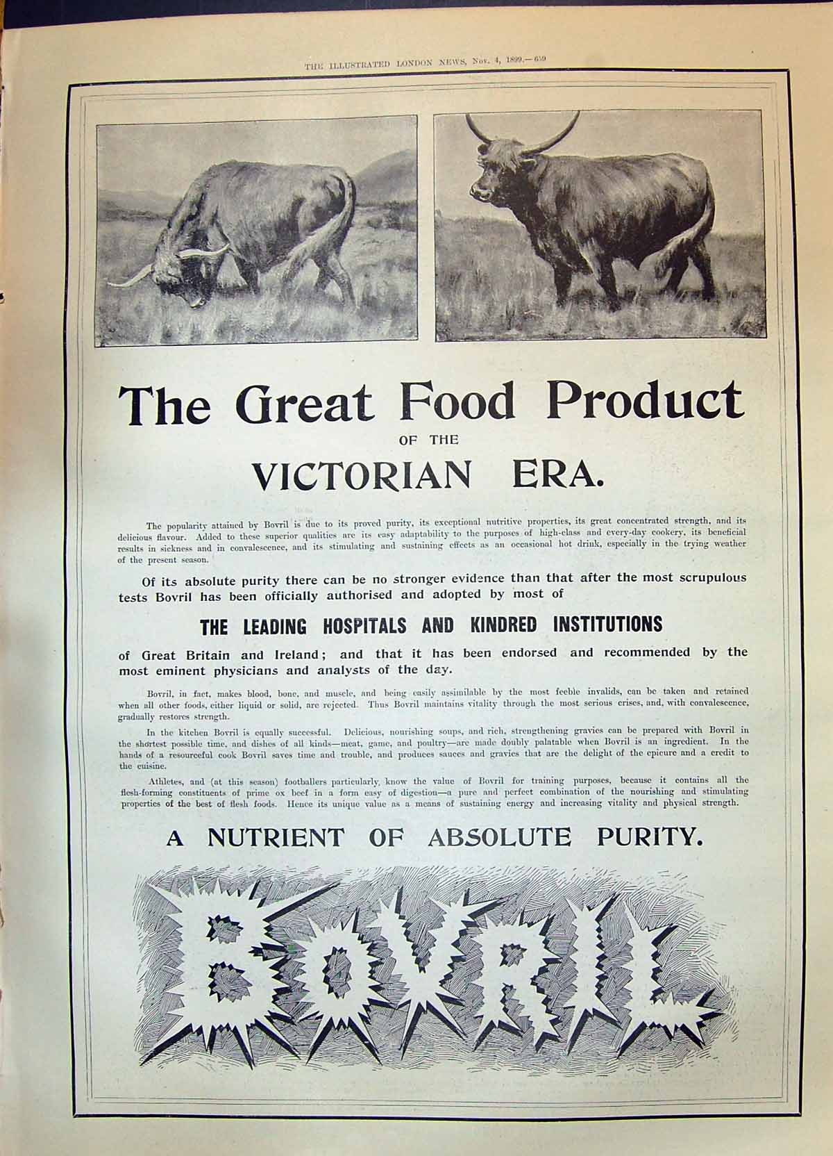 Original Old Antique Print 1899 Advertisement Bovril Food Product Cattle 19th
