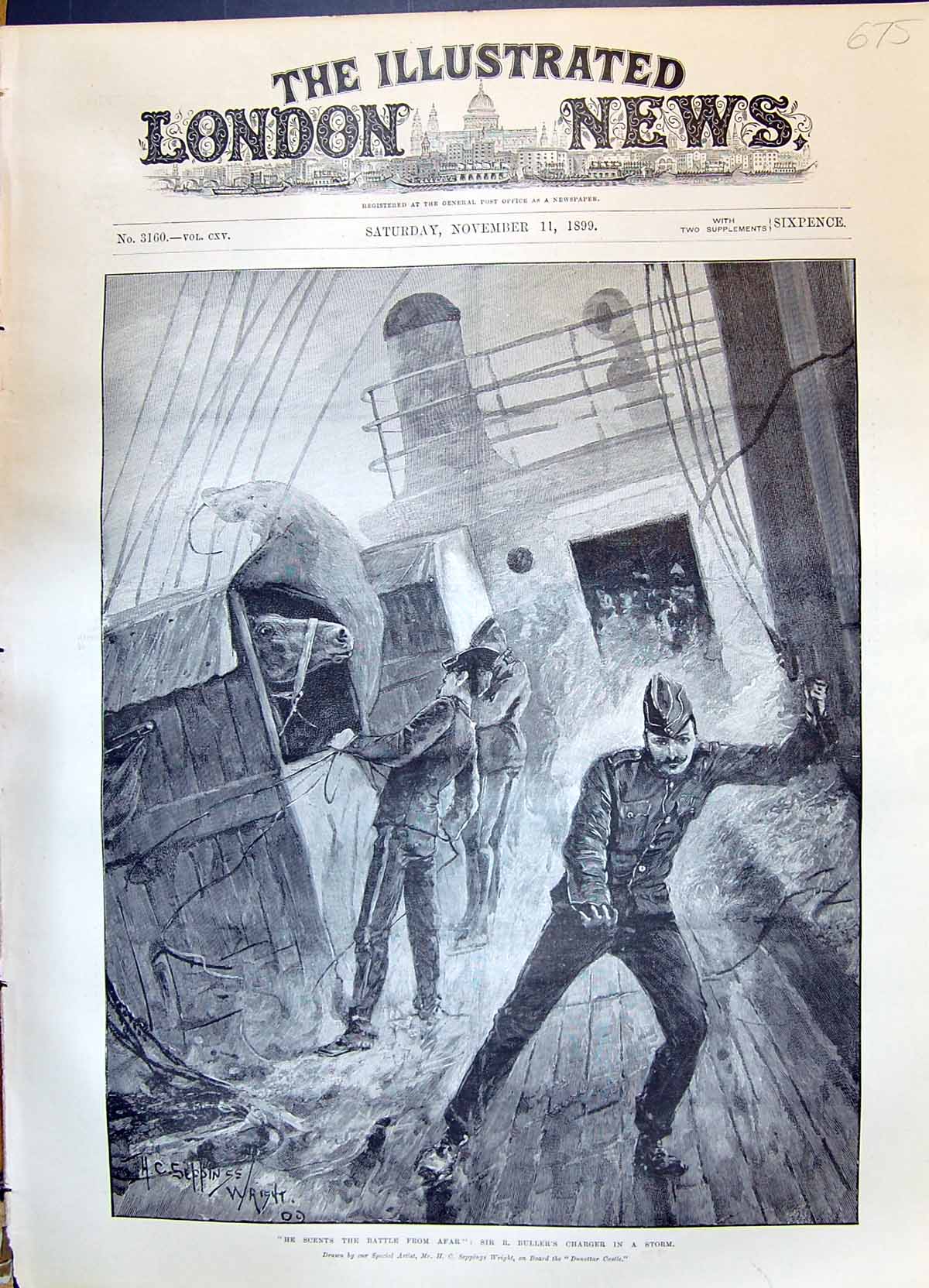 Old Print 1899 War Ship Stormy Sea Sir Buller Horse Siers Seppings Wrigh 19th