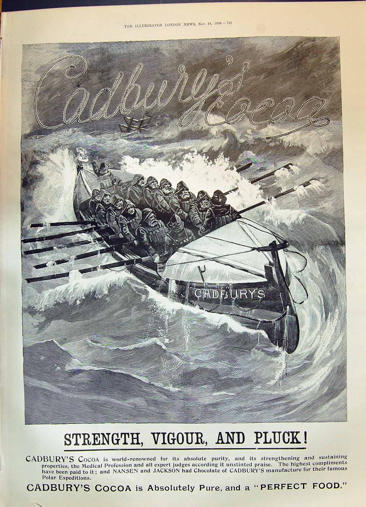 Old 1899 Advertisement Cadbury'S Cocoa Life-Boat Sea Scene Nansen Jac Victorian