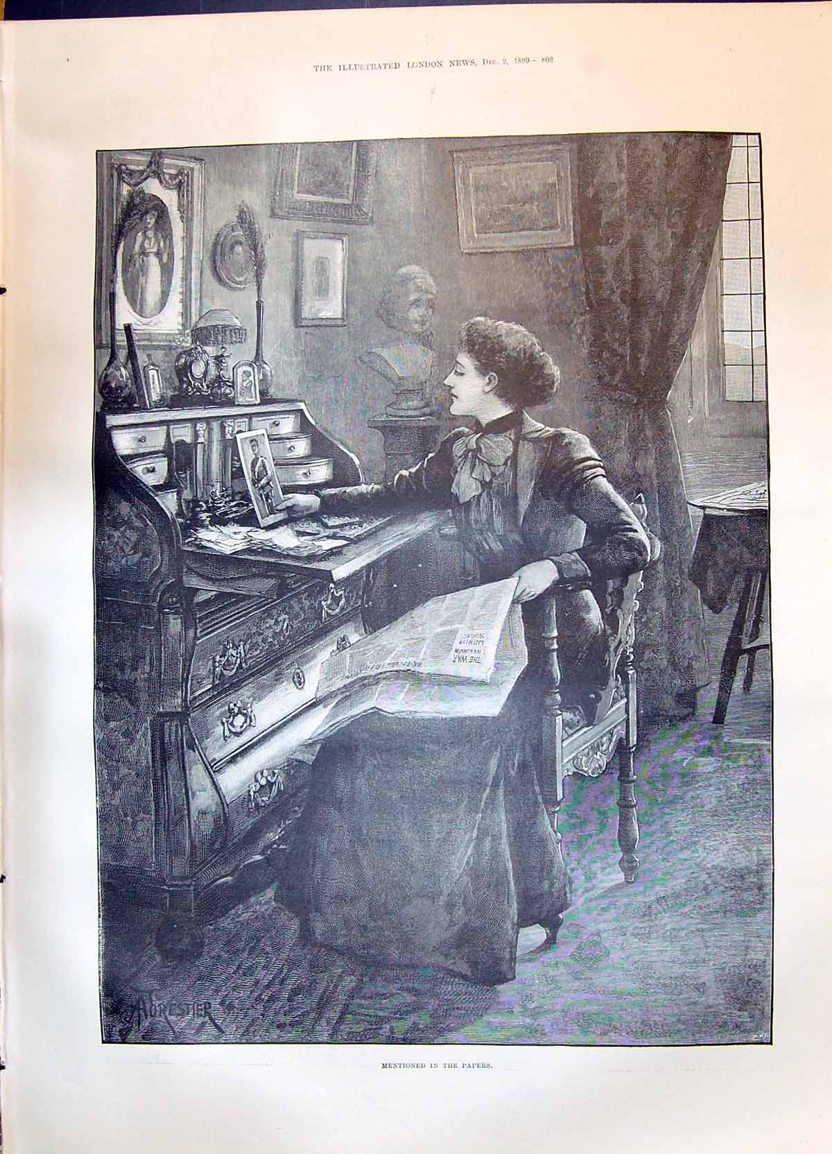 Antique Print 1899 Lady Reading Newspaper Photo Sier Transvaal War Pepworth