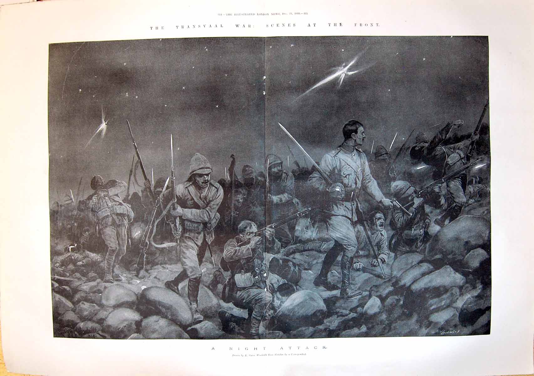 Old Antique Print 1899 Transvaal War Siers Night Attack Canton Woodville 19th