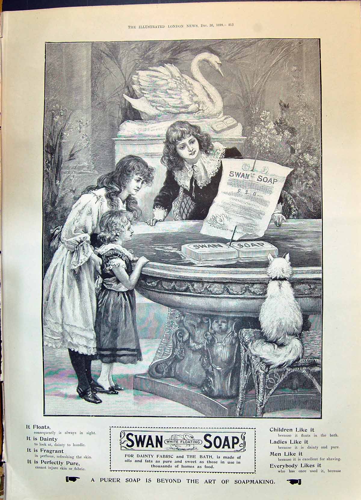 Old 1899 Advertisement Swan White Floating Soap Children Fountain Cat Victorian