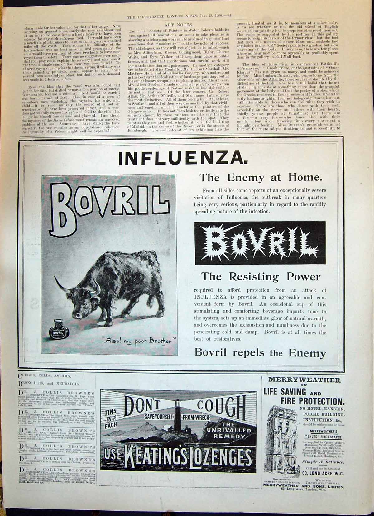 Old Print 1900 Bovril Keating'S Lozenges Merryweather Chute Fire Escapes 20th