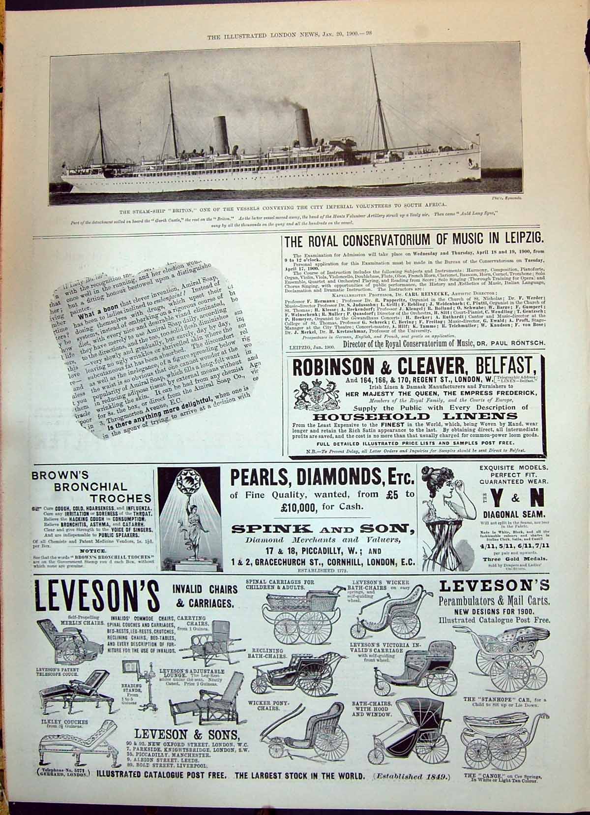 Old 1900 Steam Ship Briton Africa Leveson'S Robinson Sphere Newspaper Victorian
