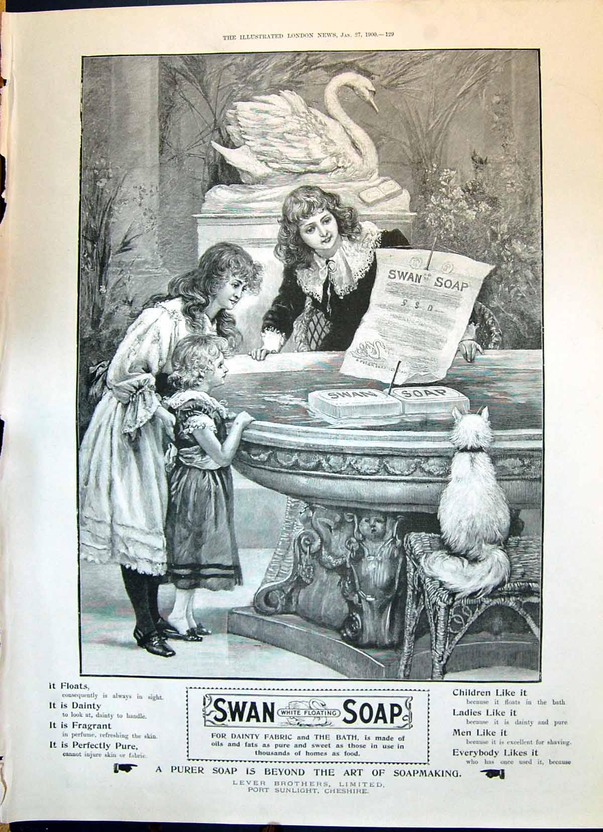 Antique Print 1900 Swan Soap Lever Brothers Port Sunlight Children Fountain