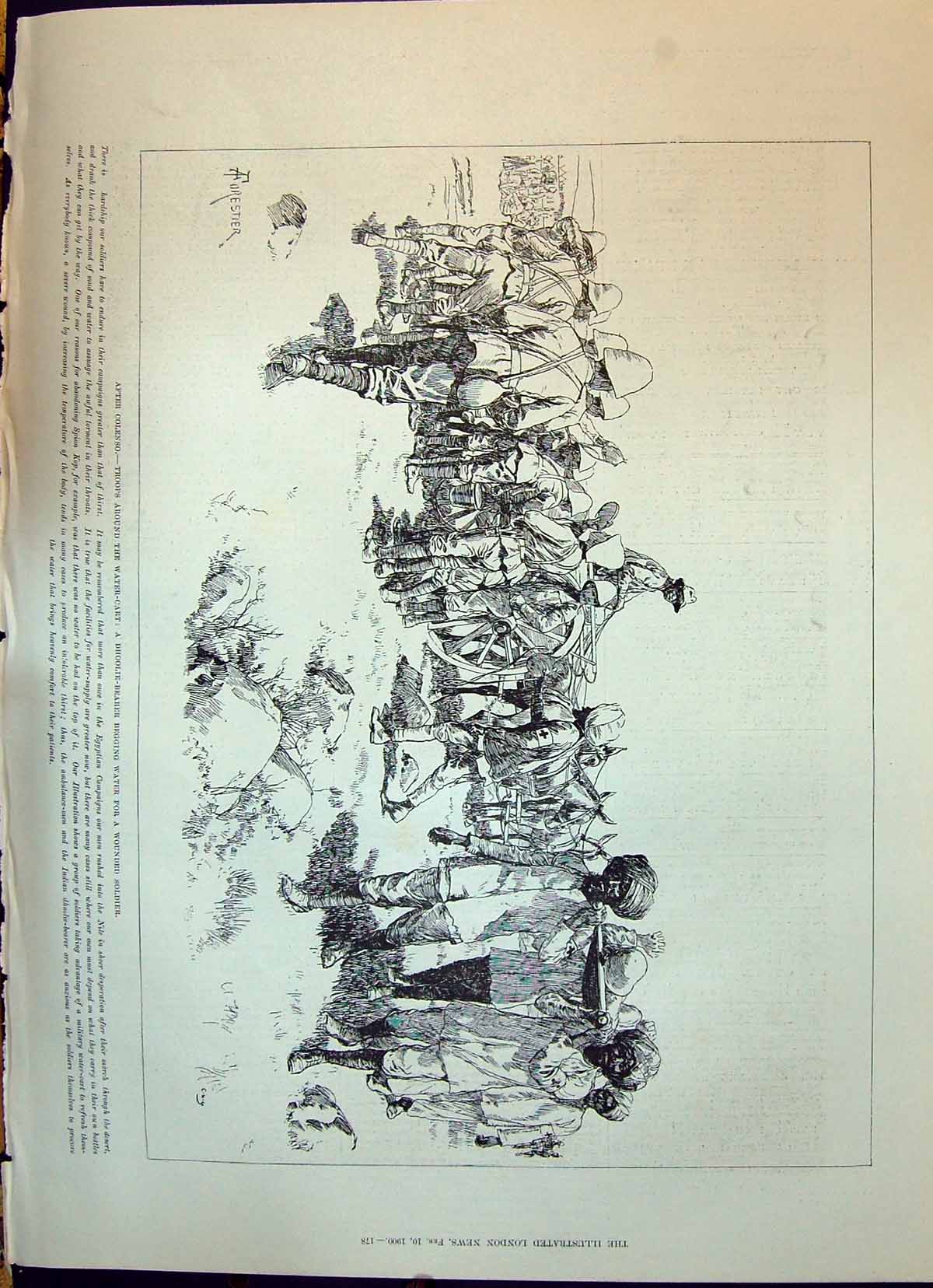Old Print 1900 Colenso War Water Cart Dhoolie Bearer Begging Wounded Sie 20th