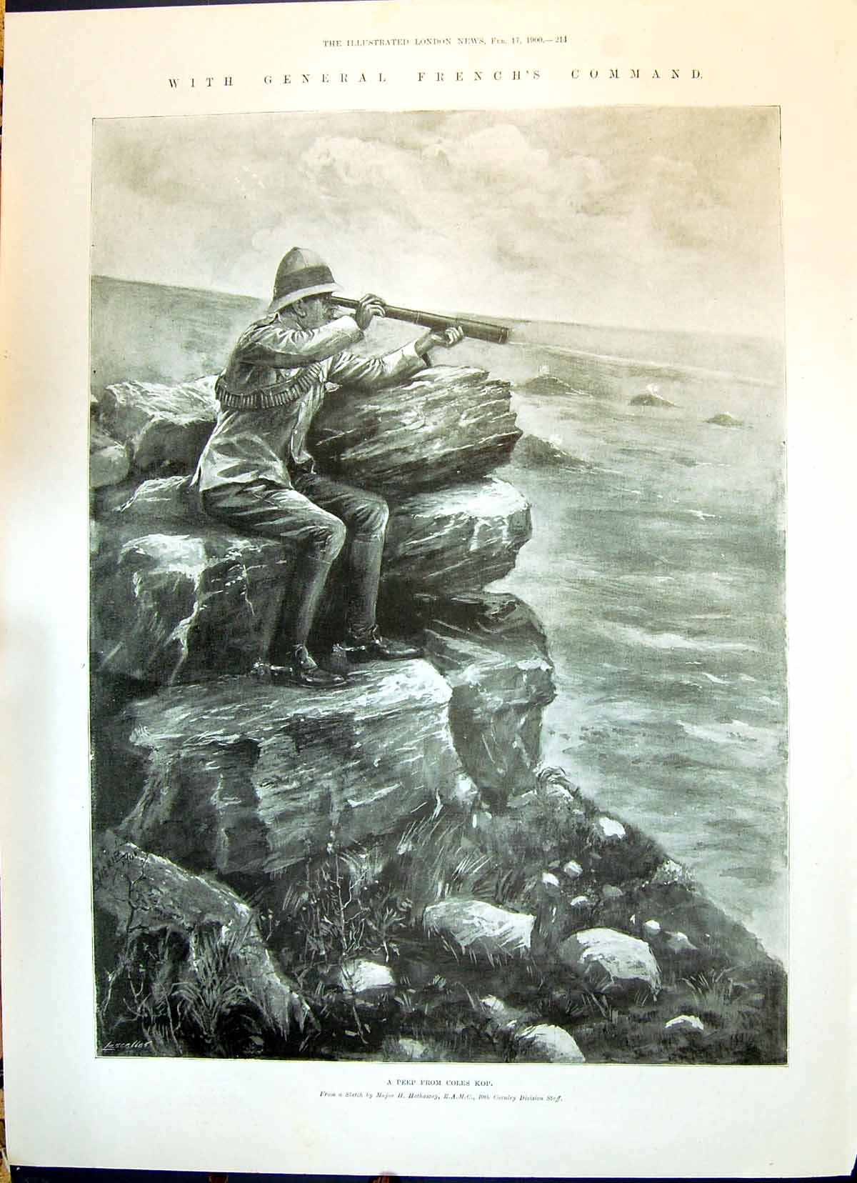 Old Print 1900 War General French Command Lookout Peep Coles Kop Hathaway 20th