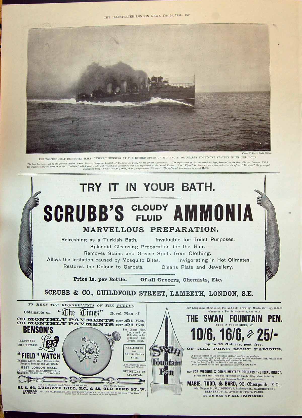Old Print 1900 Tornado Boat Destroyer Ship Viper Scrubb'S Ammonia Bensons 20th