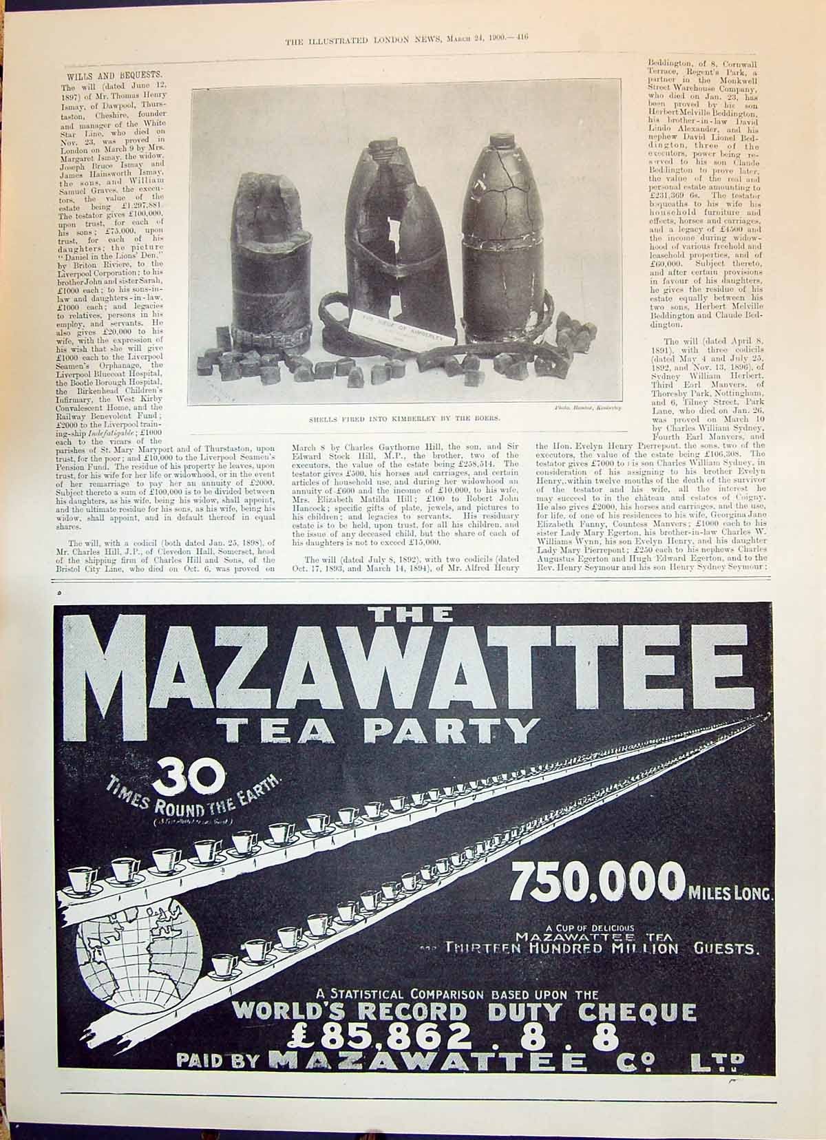 Antique Old Print 1900 Shells Fired Kimberley Boers War Mazawattee Tea Party