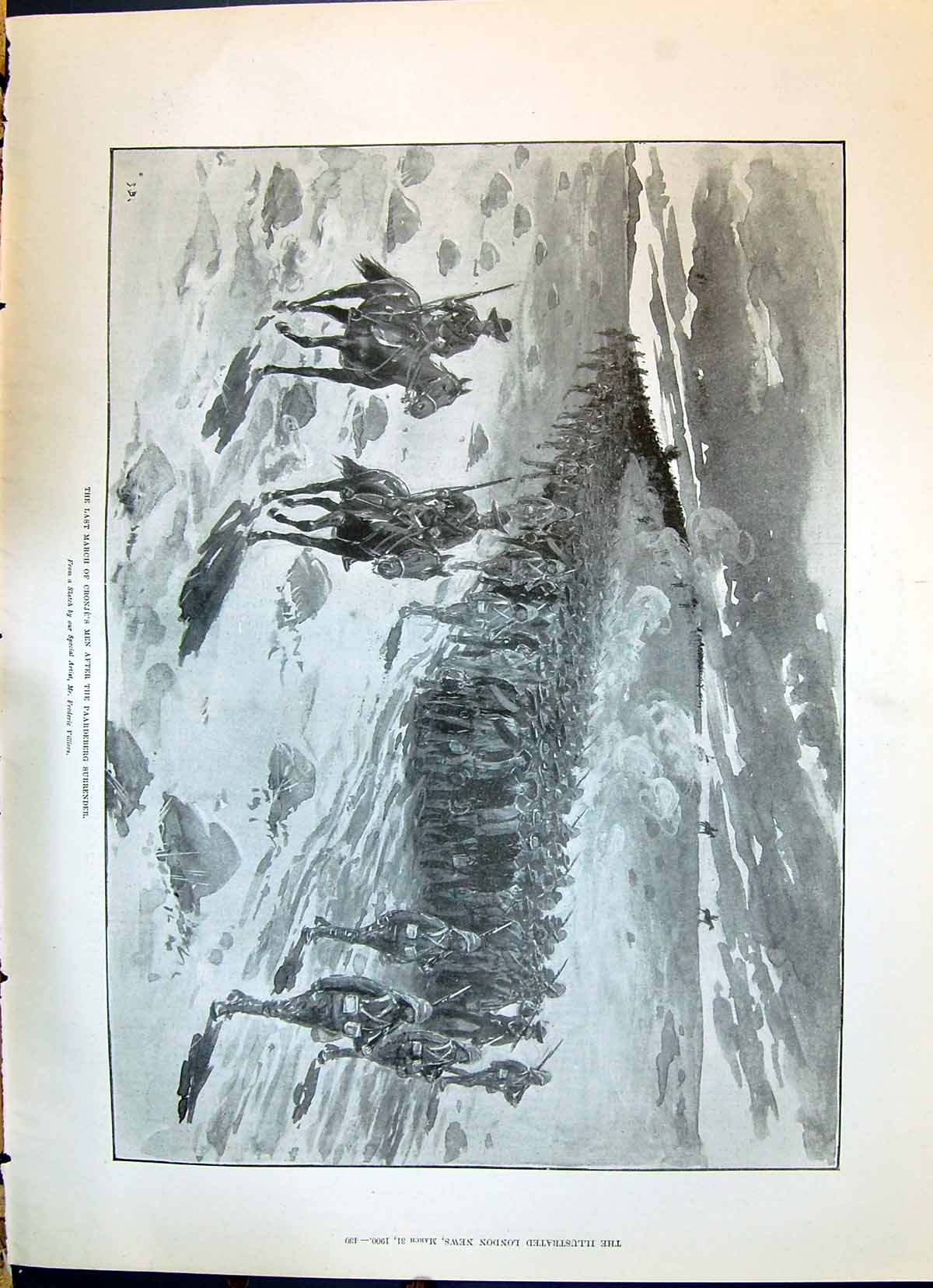 Old Print 1900 War Last March Cronje'S Siers Paardeberg Surrender Horses 20th