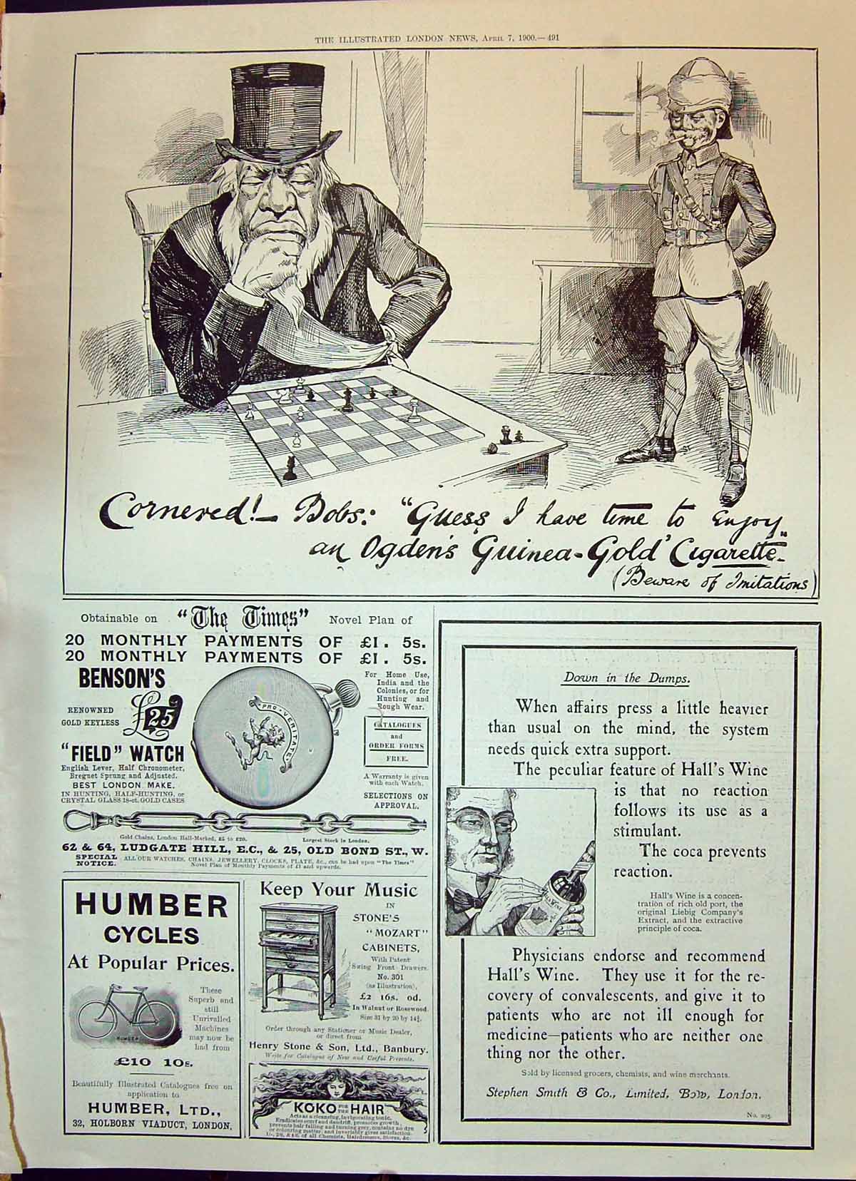 Old Antique Print 1900 Ogden'S Guinea-GCigarettes Bensons Watches Humber 20th