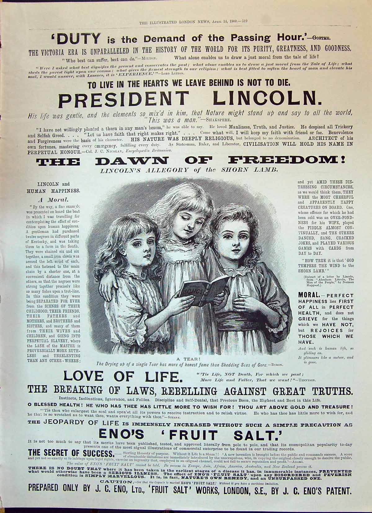 Old 1900 Advertisment Eno'S Fruit Salt Works London Children Reading Victorian
